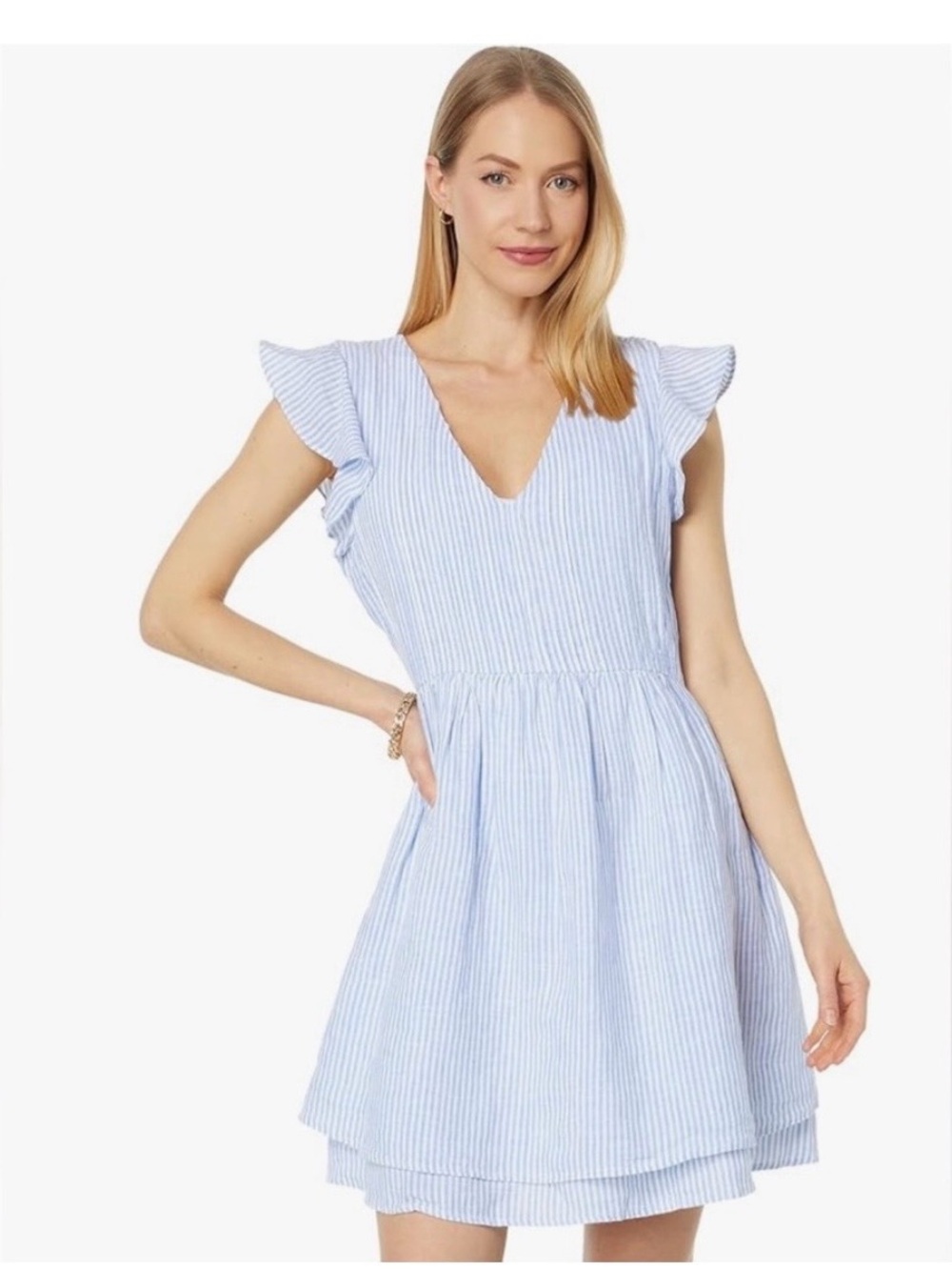 Vineyard Vines Stripe Pintuck Flutter Sleeve Linen A-Line Dress Blue/White XS